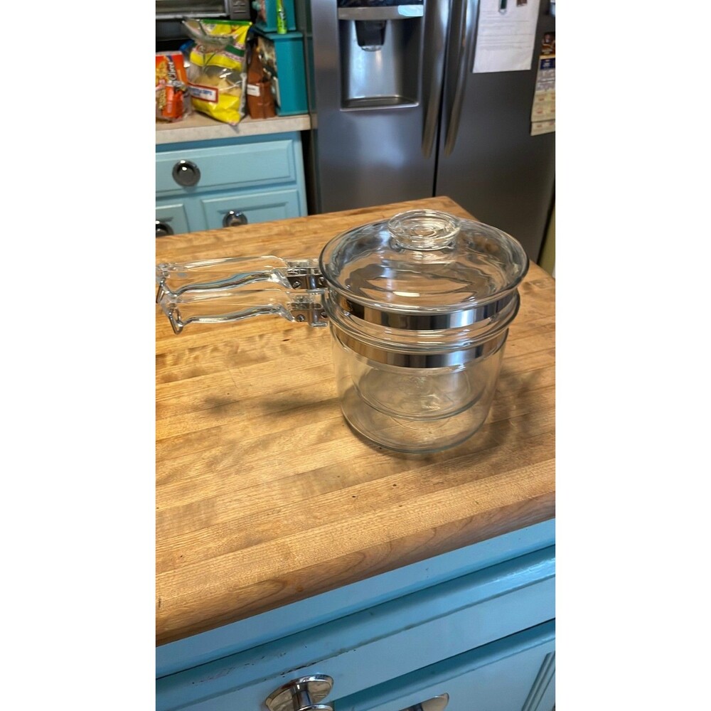 Vintage Pyrex Glass Double Boiler Flameware Clear Stove pots 3 PC